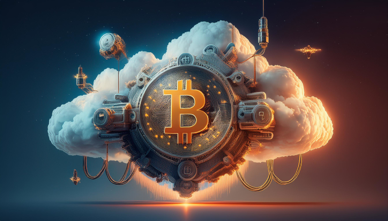 Bitcoin logo in mechanized cloud